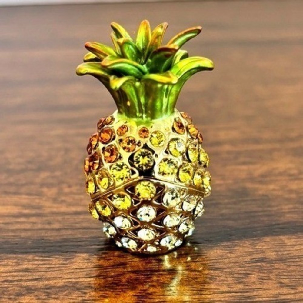 Lia Miniature Jeweled Pineapple TrinketBox Vintage Enamel‎ Crystal Tropical Gift
